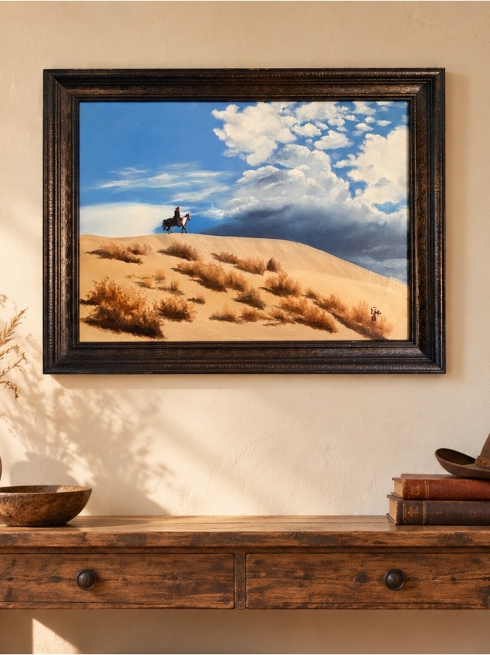 Lone Rider -Western Rustic Framed Cowboy Horse Desert Landscape Art 21.5″ × 25.5